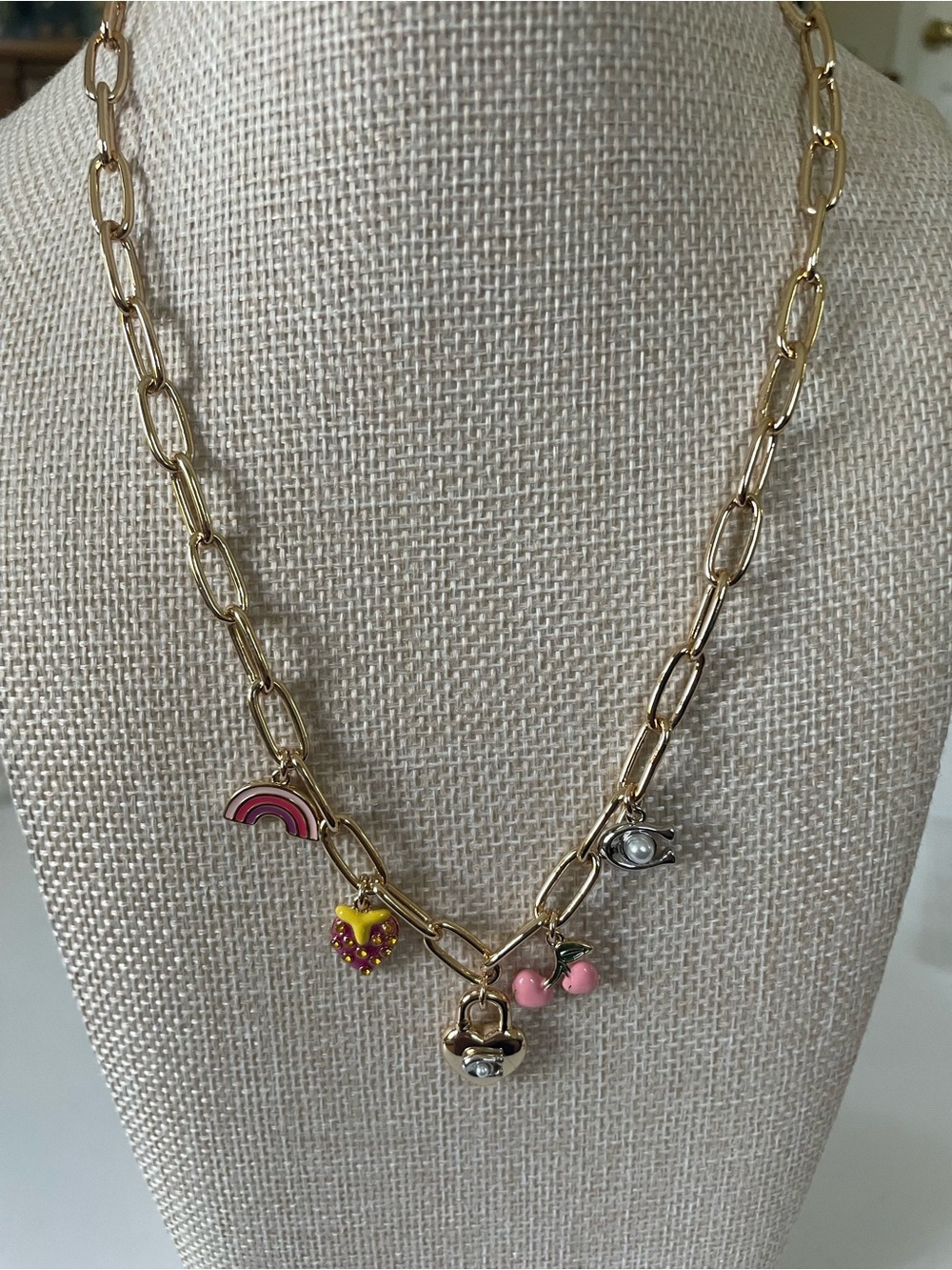 Coach Gold-Tone Chain Necklace with Pink and Yellow Enamel Charms